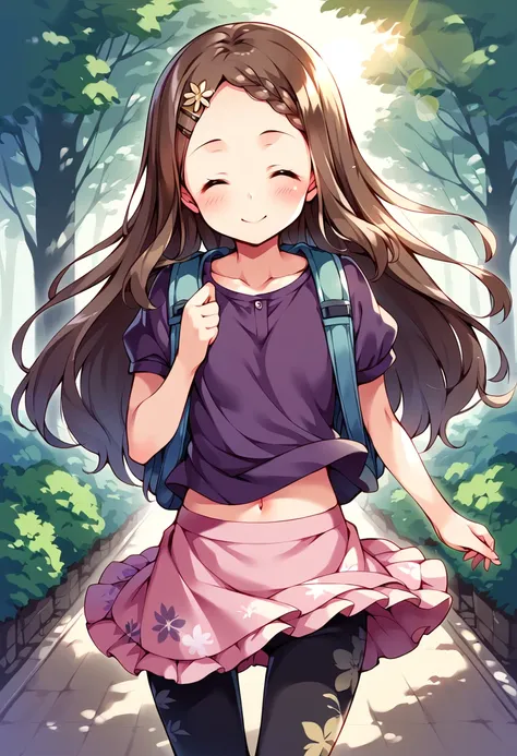 score_9, score_8_up, score_7_up, best quality, masterpiece, source_anime BREAK
1girl, aoba kokona, solo, closed eyes, smile, brown hair, bag, braided bangs, backpack, navel, ^_^, capri pants, midriff, leggings, hairclip, facing viewer, layered skirt, barefoot, wind, floral print, short sleeves, pink skirt, walking, blush, purple shirt, thigh gap, hair flower, closed mouth, lens flare, standing, frilled skirt, wind lift, outdoors, day, collarbone, forehead, frills, clothes lift, very long hair, pants under skirt <lora:aoba_kokona_sdxl_locon_pony_v1:0.7>