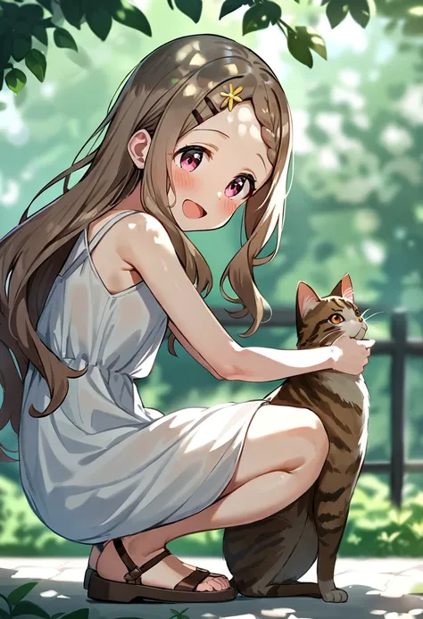 masterpiece, best quality, very aesthetic, absurdres, 1girl, aoba kokona, cat, squatting, open mouth, sandals, smile, looking at viewer, solo, white dress, hairclip, outdoors, brown hair, braided bangs, sleeveless dress, :d, day, from side, dappled sunlight, blush, sunlight, bare shoulders, red eyes, hairband, sundress, full body, purple eyes, hair flower, forehead, bare arms, flower, blonde hair, pink eyes, holding animal, shadow, looking to the side, petting, poking, shade, sidelocks, light brown hair, very long hair, parted bangs, wall, brown footwear, blurry background <lora:aoba_kokona_sdxl_locon_ani31_v1:0.7>