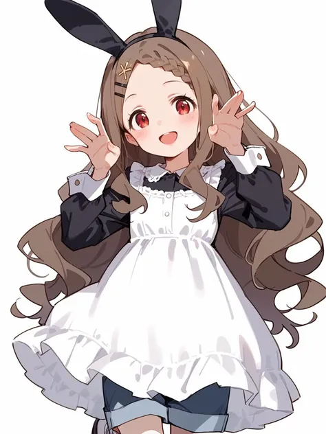 aoba kokona, brown hair, braided bangs, hairclip, hair flower, very long hair, red eyes, parted bangs, wavy hair, white dress, long sleeves, black shirt, grey shorts, blue shorts, frills, grey legwear, socks, white footwear, brown footwear, <lora:aoba_kokona_sdxl_locon_pony_v1:0.7>, young, score_9, score_8_up, score_7_up, 1girl, solo, looking at viewer, simple background, bunny pose, happy