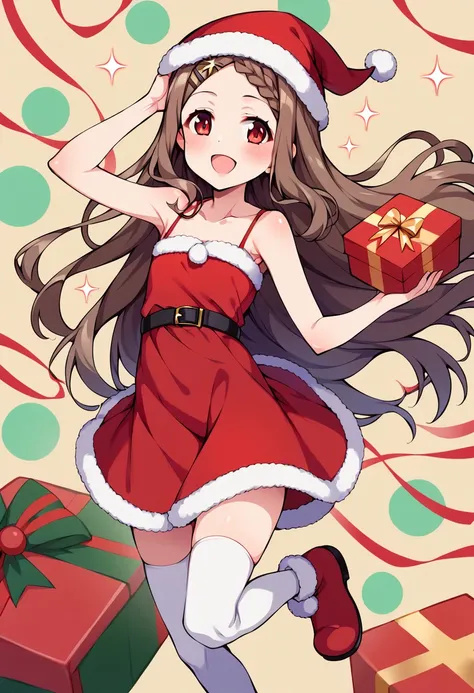 score_9, score_8_up, score_7_up, best quality, masterpiece, source_anime BREAK
1girl, aoba kokona, solo, thighhighs, santa hat, white legwear, open mouth, red eyes, gift, braided bangs, hairclip, brown hair, smile, red dress, box, blush, red footwear, red headwear, :d, gift box, fur trim, looking at viewer, full body, standing, santa costume, collarbone, fur-trimmed headwear, very long hair, fur-trimmed boots, standing on one leg, holding gift, arm up, sleeveless dress, bare shoulders, fur-trimmed dress, black bow, sparkle, bangs, spaghetti strap, floating hair, santa boots, hand on headwear, christmas, leg up, hand on own head, bare arms, star hair ornament, pleated dress, armpits, star \(symbol\), strapless, belt, forehead, holding box, ankle boots, zettai ryouiki, ribbon, santa dress, flat chest, pom pom \(clothes\) <lora:aoba_kokona_sdxl_locon_pony_v1:0.7>