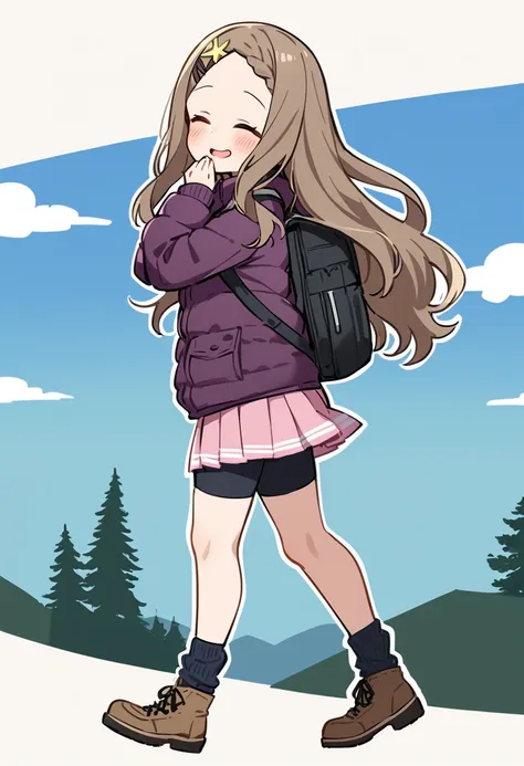 masterpiece, best quality, very aesthetic, absurdres, 1girl, aoba kokona, closed eyes, solo, smile, bag, brown hair, bike shorts, backpack, hairclip, blush, long sleeves, brown footwear, pleated skirt, forehead, pink skirt, shorts under skirt, braided bangs, full body, standing, white shirt, socks, walking, boots, black shorts, facing viewer, hair flower, parted lips, very long hair, ^ ^, parted bangs, hand up, loose socks, purple jacket, down jacket, light brown hair, hand to own mouth, day, outdoors, outline, star hair ornament, mountain, blue sky, cloud, short shorts, tree, black legwear, cross-laced footwear, from side <lora:aoba_kokona_sdxl_locon_ani31_v1:0.7>