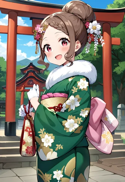 masterpiece, best quality, very aesthetic, absurdres, 1girl, aoba kokona, japanese clothes, kimono, solo, hair flower, white gloves, smile, sash, open mouth, obi, looking at viewer, blush, brown hair, red eyes, floral print, alternate hairstyle, fur collar, :d, handbag, long sleeves, wide sleeves, hairclip, green kimono, twin braids, hair up, print kimono, fur trim, short hair, ponytail, furisode, bangs, half gloves, upper body, holding bag, hair bun, kanzashi, pink bow, pouch, pink flower, white flower, fur-trimmed kimono, pink eyes, standing, shrine, torii, blue sky, tree <lora:aoba_kokona_sdxl_locon_ani31_v1:0.7>