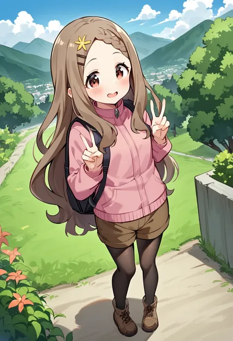 masterpiece, best quality, very aesthetic, absurdres, 1girl, aoba kokona, solo, pantyhose, smile, brown eyes, hairclip, black legwear, brown hair, outdoors, day, mountain, standing, brown shorts, tree, blue sky, brown footwear, long sleeves, legwear under shorts, belt, closed mouth, pink jacket, hooded jacket, hood down, road, hands up, double v, open mouth, star hair ornament, cloud, wavy hair, dutch angle, thick eyebrows, blush, braided bangs, socks, flower, shadow, full body, green legwear, backpack, boots, scenery, path, light brown hair, short shorts, very long hair, looking away, mountainous horizon, sunglasses, looking at viewer, bangs, forehead, plant, blonde hair, hair flower, pink coat, purple jacket, brown skirt <lora:aoba_kokona_sdxl_locon_ani31_v1:0.7>