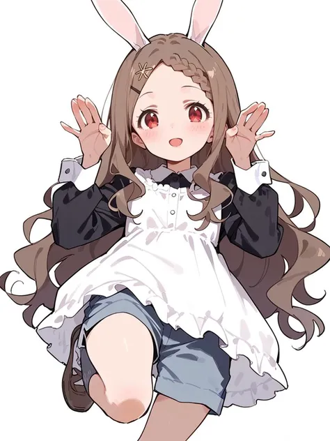 aoba kokona, brown hair, braided bangs, hairclip, hair flower, very long hair, red eyes, parted bangs, wavy hair, white dress, long sleeves, black shirt, grey shorts, blue shorts, frills, grey legwear, socks, white footwear, brown footwear, <lora:aoba_kokona_sdxl_locon_pony_v1:0.7>, young, score_9, score_8_up, score_7_up, 1girl, solo, looking at viewer, simple background, bunny pose