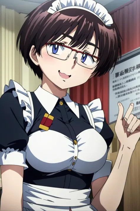 1girl, masterpice, high quality, best quality, good body, good hands and fingers, official art, (solo), dynamic angle, <lora:Oka-09:0.8>, very short hair, glasses, oka, maid, ((big breasts)), ((close mouth)), sensual smile