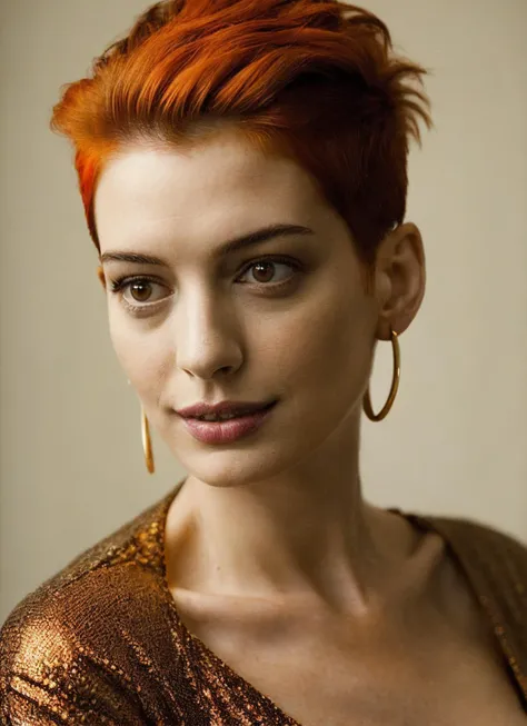portrait of sks woman by Flora Borsi, style by Flora Borsi, bold, bright colours, orange Mohawk haircut, ((Flora Borsi)), <lora:locon_annehathaway_v1_from_v1_64_32:1.25>