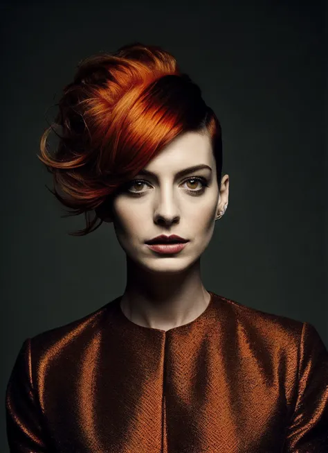 portrait of sks woman by Flora Borsi, style by Flora Borsi, bold, bright colours, orange Mohawk haircut, ((Flora Borsi)), <lora:locon_annehathaway_v1_from_v1_64_32:1>