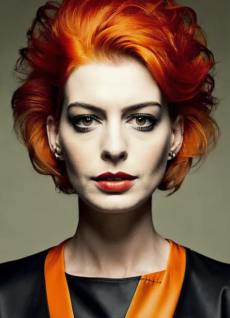 portrait of sks woman by Flora Borsi, style by Flora Borsi, bold, bright colours, orange Mohawk haircut, ((Flora Borsi)), <lora:locon_annehathaway_v1_from_v1_64_32:1.25>