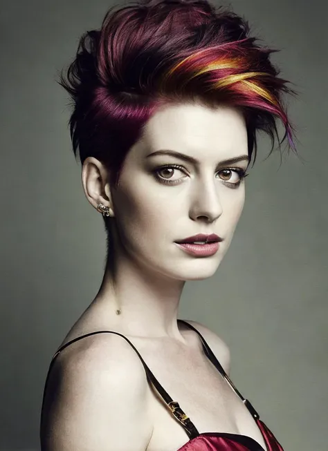 portrait of sks woman by Flora Borsi, style by Flora Borsi, bold, bright colours, rainbow Mohawk haircut, ((Flora Borsi)), <lora:locon_annehathaway_v1_from_v1_64_32:1.25>