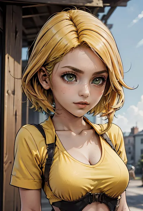 (masterpiece, best quality), 1girl, Canary yellow Short Brushed Up Hair with Tapered Sides, Size C breasts,  <lora:dissidia_v0_2_prod:0.8> dissidia