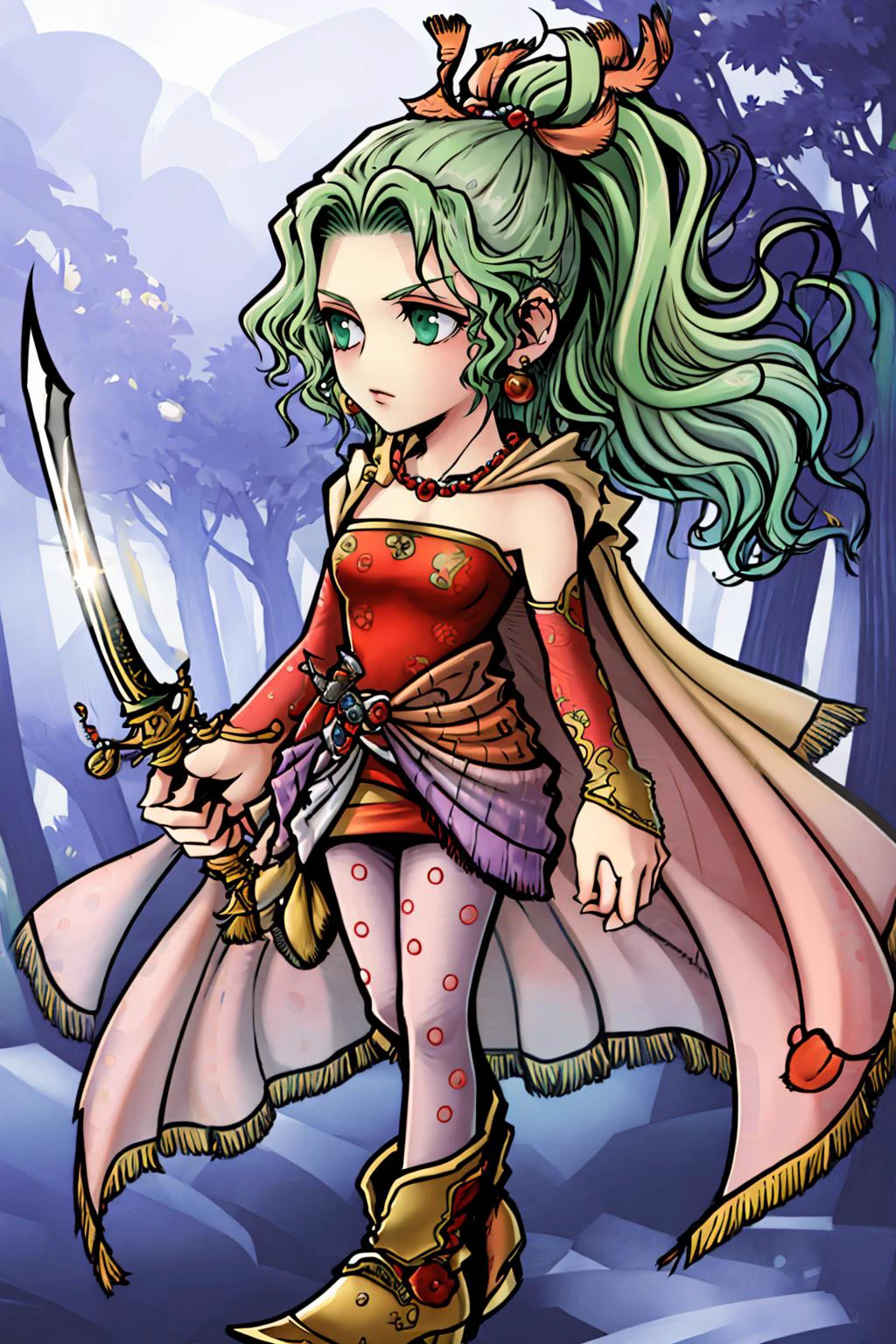 masterpiece, best quality, <lora:dissidia_v1:1> dissidia <lora:tina-nvwls-v1-final:0.9> tina branford, green hair, cape, earrings, red dress, detached sleeves, hair ribbon, clothes around waist, print legwear, red boots, holding sword, serious, forest, autumn