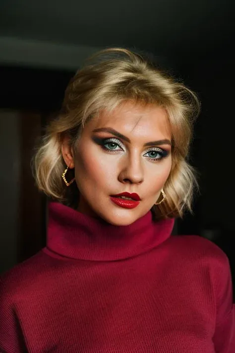 Realistic full body portrait of a beautiful d3bb13h-v1 woman, 1girl, solo, long hair, looking at viewer, blonde hair, simple background, jewelry, upper body, earrings, parted lips, sweater, lips, makeup, turtleneck, lipstick, realistic, red lips, soft lighting, professional Photography, Photorealistic, detailed, RAW, analog, sharp focus, 8k, HD, DSLR, high quality, Fujifilm XT3, film grain, award winning, masterpiece<lora:d3bb13h-v1:1.0>