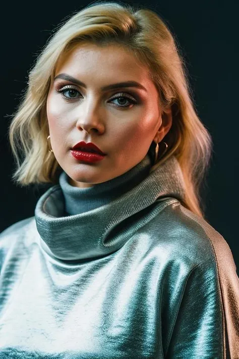 Realistic full body portrait of a beautiful d3bb13h-v1 woman, 1girl, solo, long hair, looking at viewer, blonde hair, simple background, jewelry, upper body, earrings, parted lips, sweater, lips, makeup, turtleneck, lipstick, realistic, red lips, soft lighting, professional Photography, Photorealistic, detailed, RAW, analog, sharp focus, 8k, HD, DSLR, high quality, Fujifilm XT3, film grain, award winning, masterpiece<lora:d3bb13h-v1:1.0>