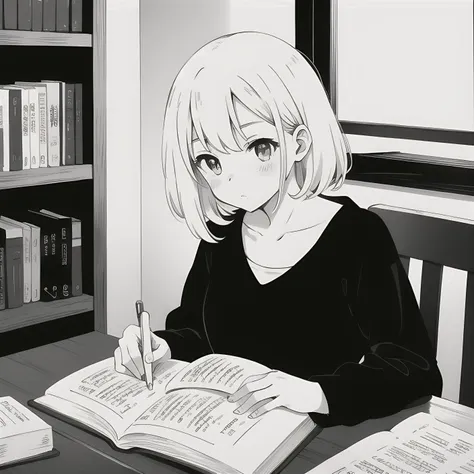 manga, black and white colors, 1girl, study, cute, cozy, home, withLora(add_detail,-0.2),