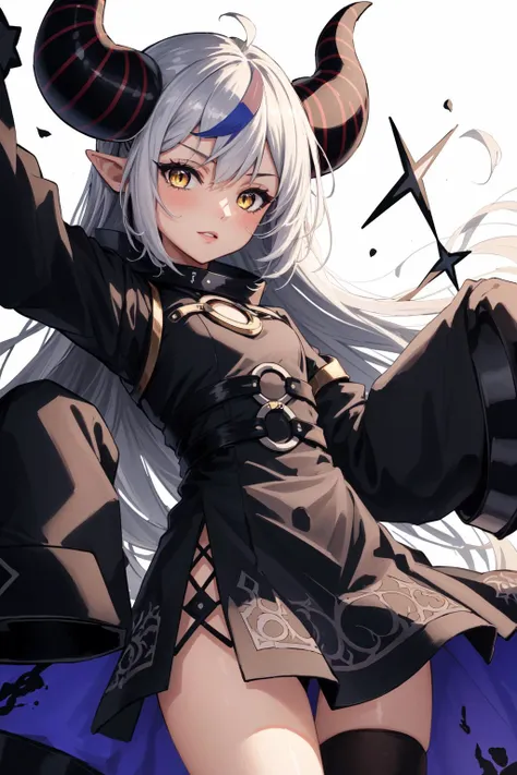 (masterpiece, best quality),  intricate details, 8k, artstation, wallpaper, official art, splash art, sharp focus,
1girl,   <lora:la+ darknesss:0.8> la+ darkness, black coat, black dress, white sleeves, sleeves past finger, sleeves past wrists, horns,