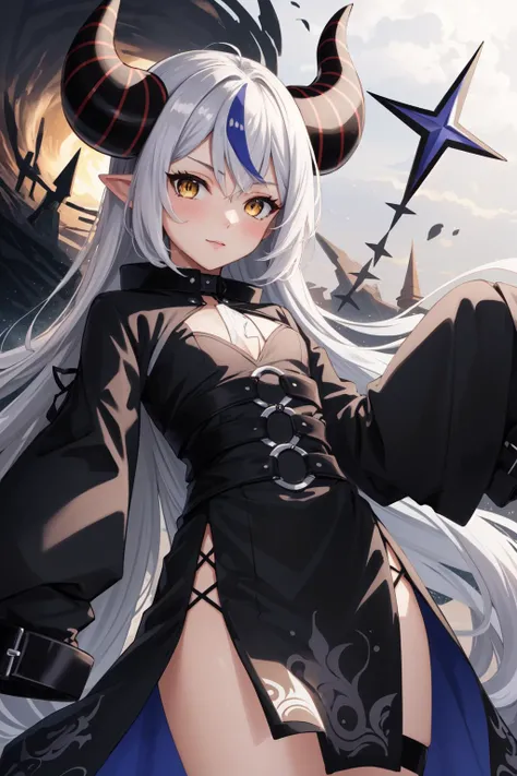 (masterpiece, best quality), intricate details, 8k, artstation, wallpaper, official art, splash art, sharp focus,
1girl, <lora:la+ darknesss:0.8> la+ darkness, black coat, black dress, white sleeves, sleeves past finger, sleeves past wrists, horns,