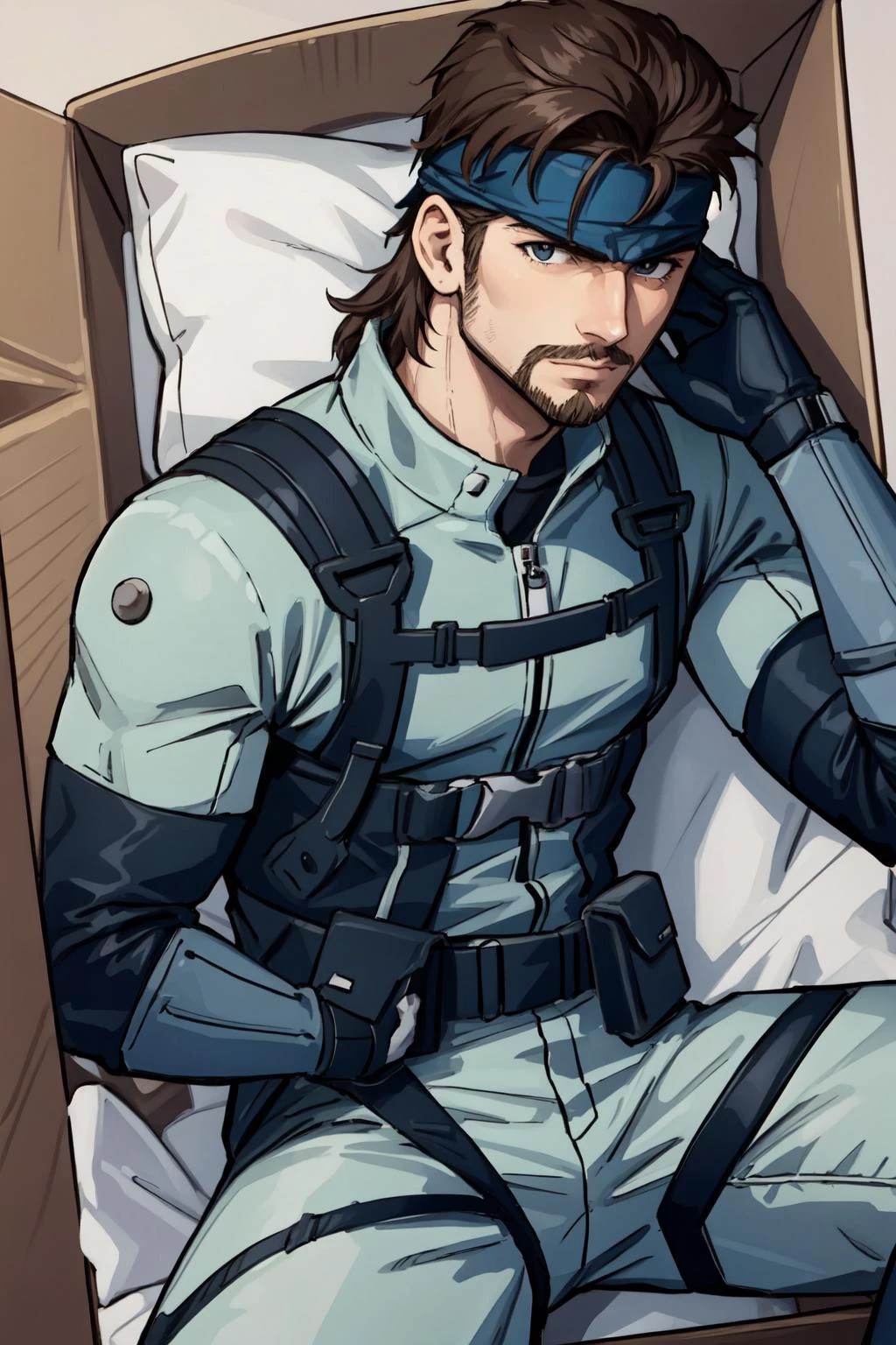 best quality, intricate details,
1boy, <lora:solidsnake-nvwls-v1-final:0.8> solid snake, facial hair, headband,
BREAK <lora:ConceptDeliveryInBox_deliveryv106:1> in_box, on back,