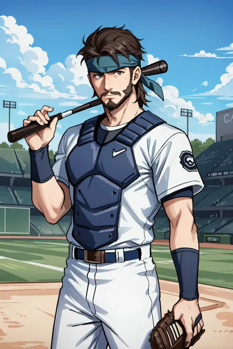 best quality, intricate details,
1boy, <lora:solidsnake-nvwls-v1-final:0.8> solid snake, facial hair, headband,
BREAK playing baseball, white baseball uniform, background is baseball field,