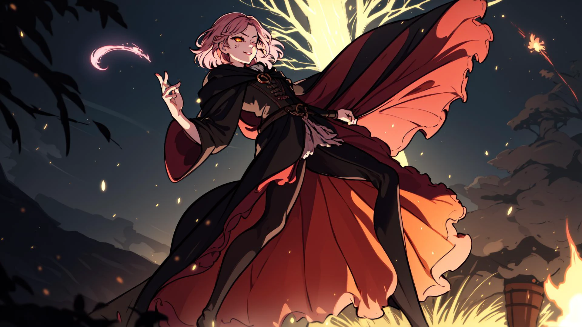 <lora:melina:0.8>, melina \(elden ring\), intricate details, masterpiece, absurdres, best quality, ultra-detailed, illustration, sharp focus, natural lighting, vivid colors, 1girl, cowboy shot, melina, sam yang, ashes, blush, burning, cloak, closed mouth, erdtree \(elden ring\), eyelashes, facial mark, lips, looking looking at viewer, medium hair, motion blur, o-ring, one eye closed, orange eyes, pink hair, portrait, solo, leaning back, pose, arched back,, spread legs, full body, small breasts, standing, brown leggings, determined, face tattoo, confident smirk, light brown hair, evil laugh