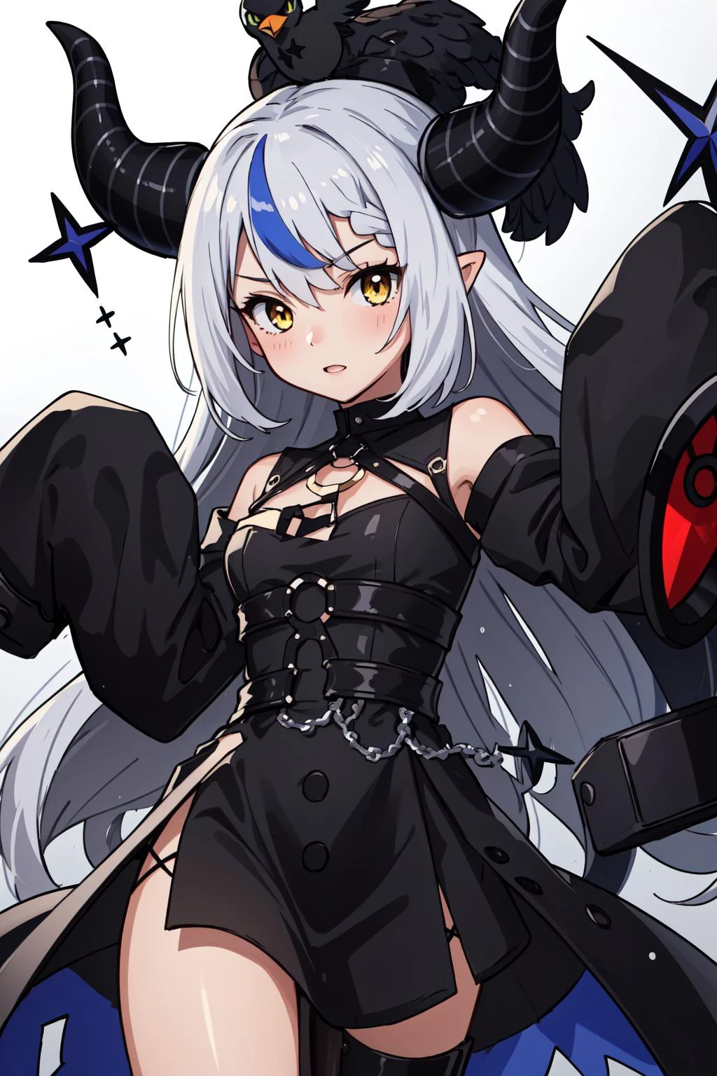 (masterpiece, best quality), intricate details, 8k, artstation, wallpaper, official art, splash art, sharp focus,
1girl, <lora:la+ darknesss:0.8> la+ darkness, black coat, black dress, white sleeves, sleeves past finger, sleeves past wrists,