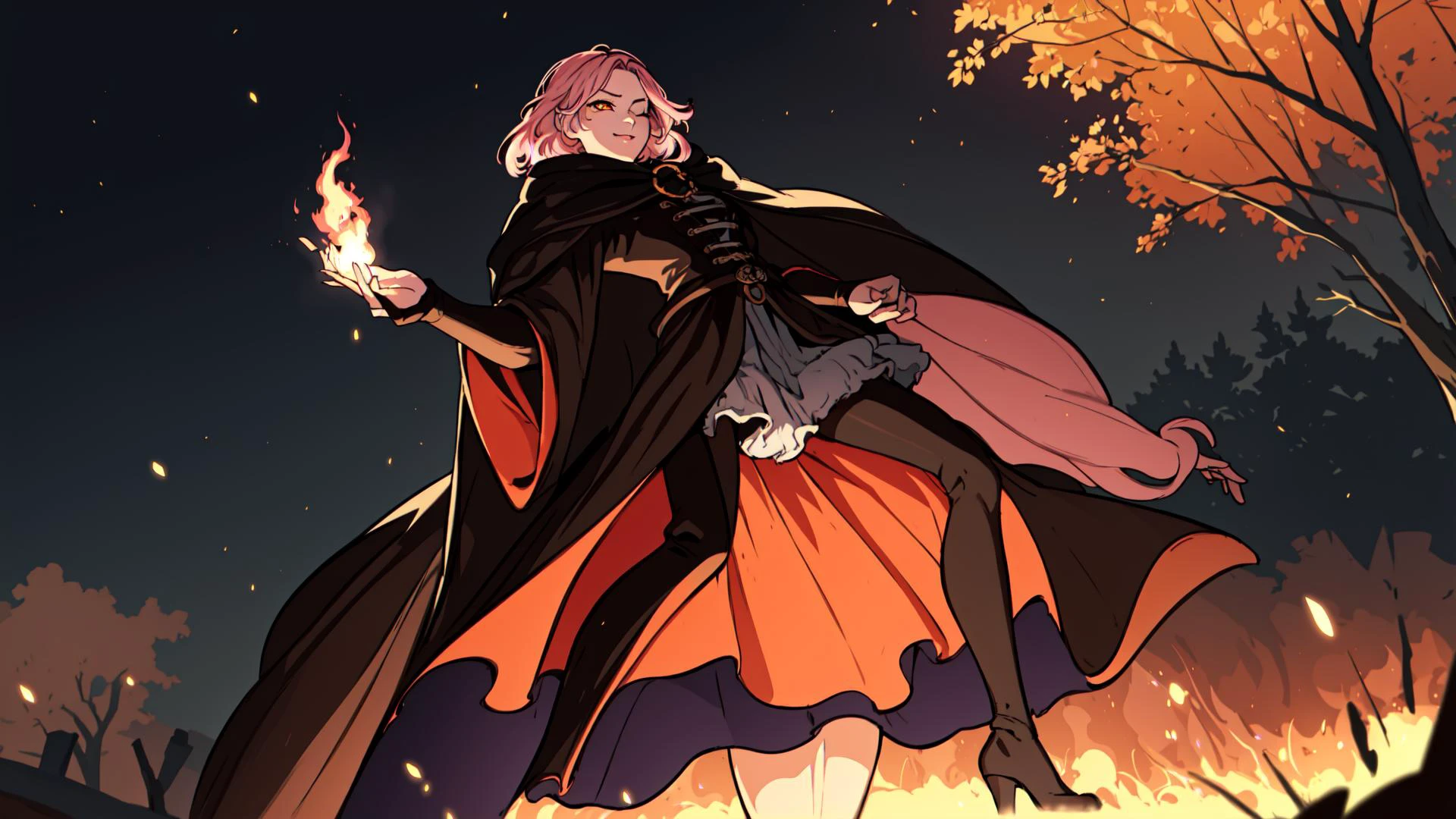 <lora:melina:0.8>, melina \(elden ring\), intricate details, masterpiece, absurdres, best quality, ultra-detailed, illustration, sharp focus, natural lighting, vivid colors, 1girl, cowboy shot, melina, sam yang, ashes, blush, burning, cloak, closed mouth, erdtree \(elden ring\), eyelashes, facial mark, lips, looking looking at viewer, medium hair, motion blur, o-ring, one eye closed, orange eyes, pink hair, portrait, solo, leaning back, pose, arched back,, spread legs, full body, small breasts, standing, brown leggings, determined, face tattoo, confident smirk, light brown hair, hand on hip,