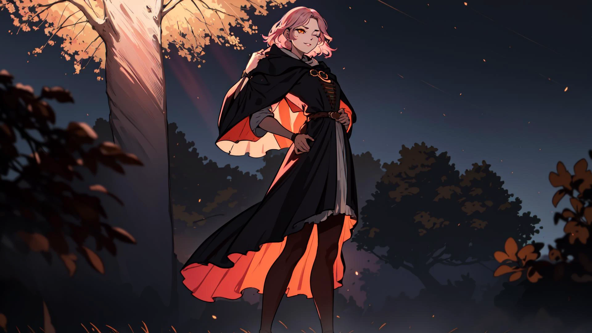 <lora:melina:0.8>, melina \(elden ring\), intricate details, masterpiece, absurdres, best quality, ultra-detailed, illustration, sharp focus, natural lighting, vivid colors, 1girl, cowboy shot, melina, sam yang, ashes, blush, burning, cloak, closed mouth, erdtree \(elden ring\), eyelashes, facial mark, lips, looking looking at viewer, medium hair, motion blur, o-ring, one eye closed, orange eyes, pink hair, portrait, solo, leaning back, pose, arched back,, spread legs, full body, small breasts, standing, brown leggings, determined, face tattoo, confident smirk, light brown hair,