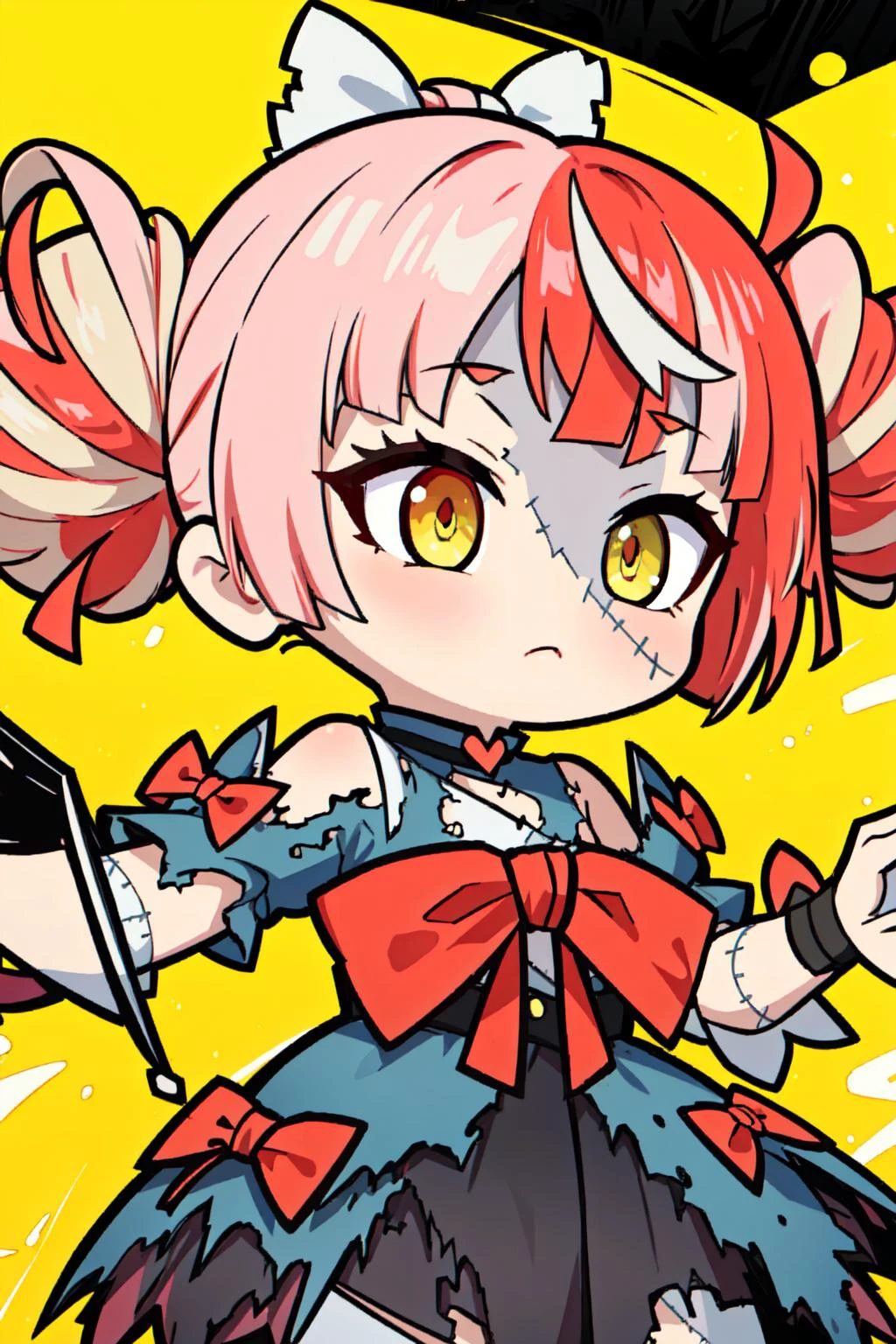 (masterpiece, best quality), intricate details, 8k, artstation, wallpaper, official art, splash art, sharp focus,
<lora:kureijiOllieHololive4_v3:0.8> zombie, patchwork skin, heterochromia, red eyes, yellow eyes, kureiji ollie, double bun, torn dress, red bow, hair bow,
<lora:BlueArchiveEmoji_v10:0.8> Chibi ,