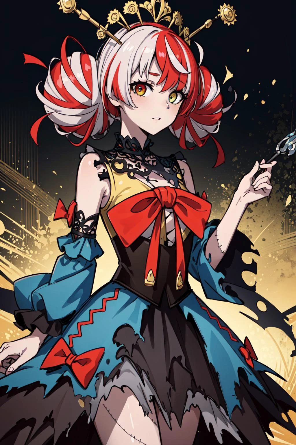 (masterpiece, best quality), intricate details, 8k, artstation, wallpaper, official art, splash art, sharp focus,
<lora:kureijiOllieHololive4_v3:0.8> zombie, patchwork skin, heterochromia, red eyes, yellow eyes, kureiji ollie, double bun, torn dress, red bow, hair bow, ollie_headdress,