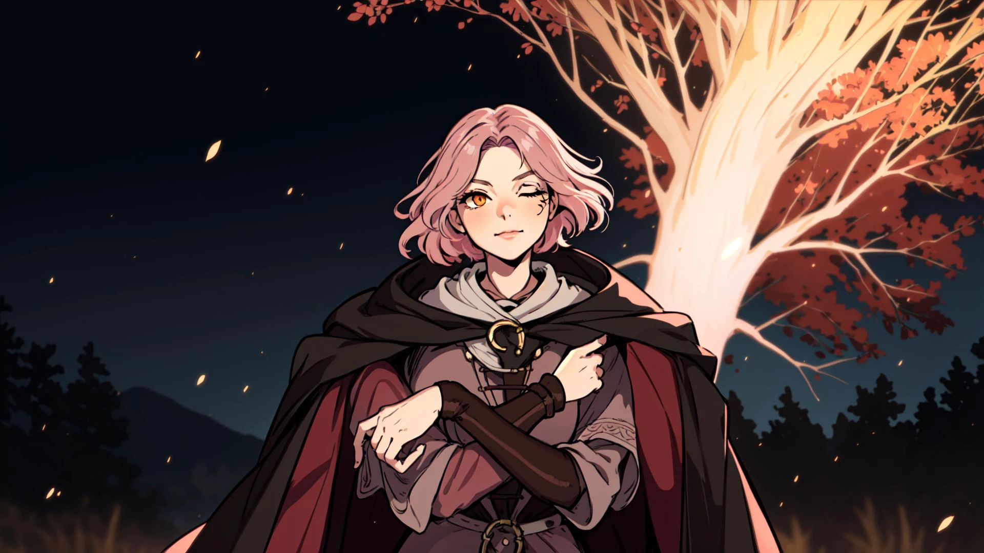 <lora:melina:0.8>, melina \(elden ring\), intricate details, masterpiece, absurdres, best quality, ultra-detailed, illustration, sharp focus, natural lighting, vivid colors, 1girl, cowboy shot, melina, sam yang, ashes, blush, burning, cloak, closed mouth, erdtree \(elden ring\), eyelashes, facial mark, lips, looking looking at viewer, medium hair, motion blur, o-ring, one eye closed, orange eyes, pink hair, portrait, solo, leaning back, pose, arched back,, spread legs, full body, small breasts, standing, brown leggings, determined, face tattoo, confident smirk, light brown hair, crossed arms,