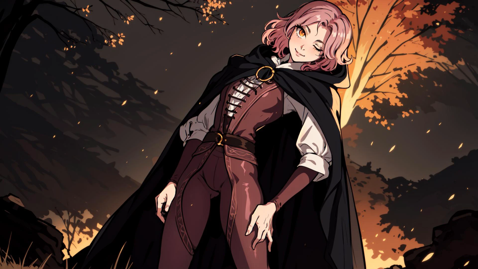 <lora:melina:0.8>, melina \(elden ring\), intricate details, masterpiece, absurdres, best quality, ultra-detailed, illustration, sharp focus, natural lighting, vivid colors, 1girl, cowboy shot, kneeling, melina, sam yang, ashes, blush, burning, cloak, closed mouth, erdtree \(elden ring\), eyelashes, facial mark, lips, looking looking at viewer, medium hair, motion blur, o-ring, one eye closed, orange eyes, pink hair, portrait, solo, leaning back, pose, arched back,, spread legs, full body, small breasts, standing, brown leggings, determined, face tattoo, confident smirk, light brown hair,