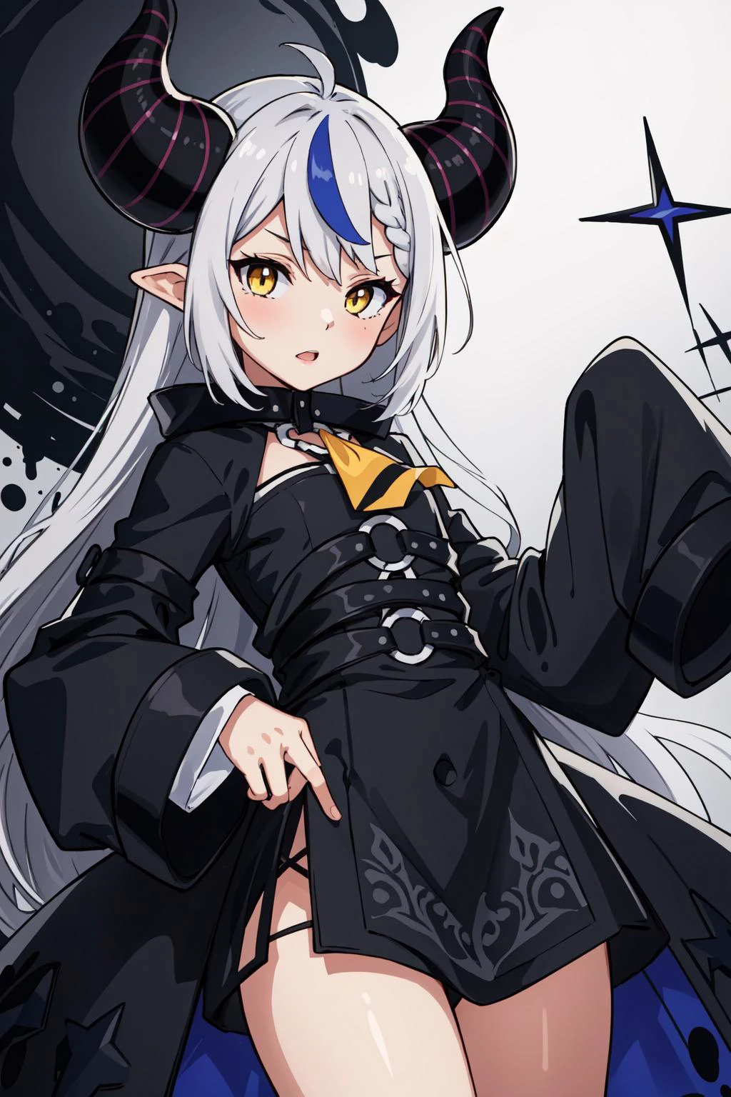 (masterpiece, best quality), intricate details, 8k, artstation, wallpaper, official art, splash art, sharp focus,
1girl, <lora:la+ darknesss:0.8> la+ darkness, black coat, black dress, white sleeves, sleeves past finger, sleeves past wrists, horns,