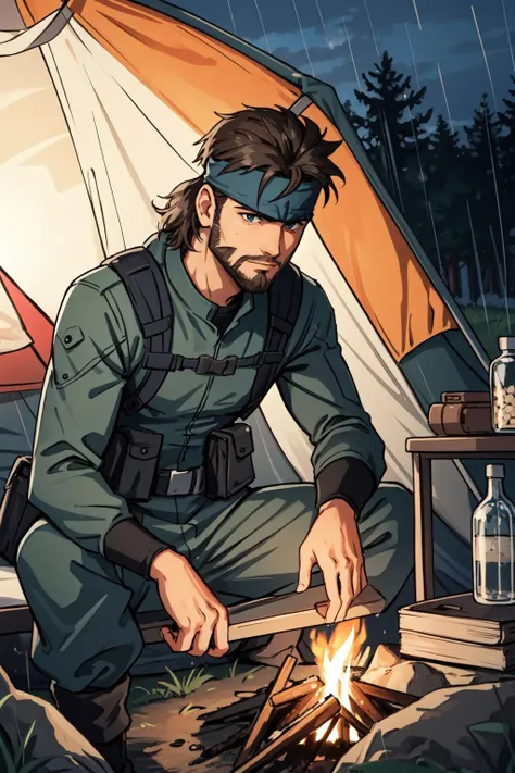 best quality, intricate details,
1boy, <lora:solidsnake-nvwls-v1-final:0.8> solid snake, facial hair, headband, 
BREAK camping in the rain, campfire, tent,