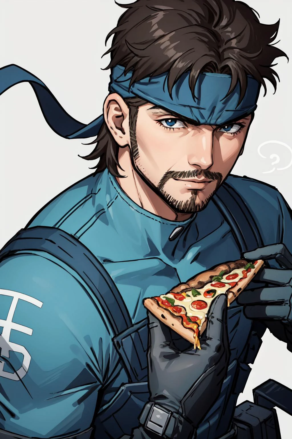 best quality, intricate details,
1boy, <lora:solidsnake-nvwls-v1-final:0.8> solid snake, facial hair, blue bodysuit, gloves, headband,
BREAK eating pizza