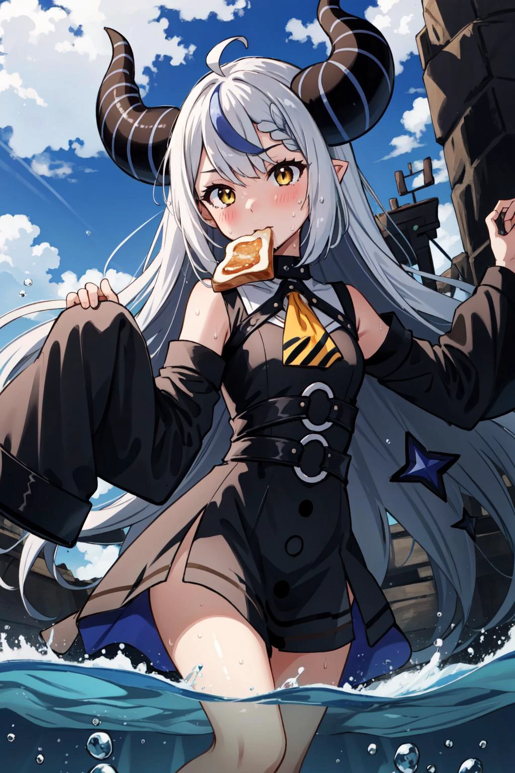 (masterpiece, best quality), intricate details, 8k, artstation, wallpaper, official art, splash art, sharp focus,
1girl, <lora:la+ darknesss:0.8> la+ darkness, black coat, black dress, white sleeves, sleeves past finger, sleeves past wrists, horns,
<lora:submergedWater_1:0.8> complete anatomy, submerged water, partially submerged, bubbles, shiny skin, sweat, cloudy sky, bathing, <lora:toastInMouthLora_v1:0.8> toast in mouth,