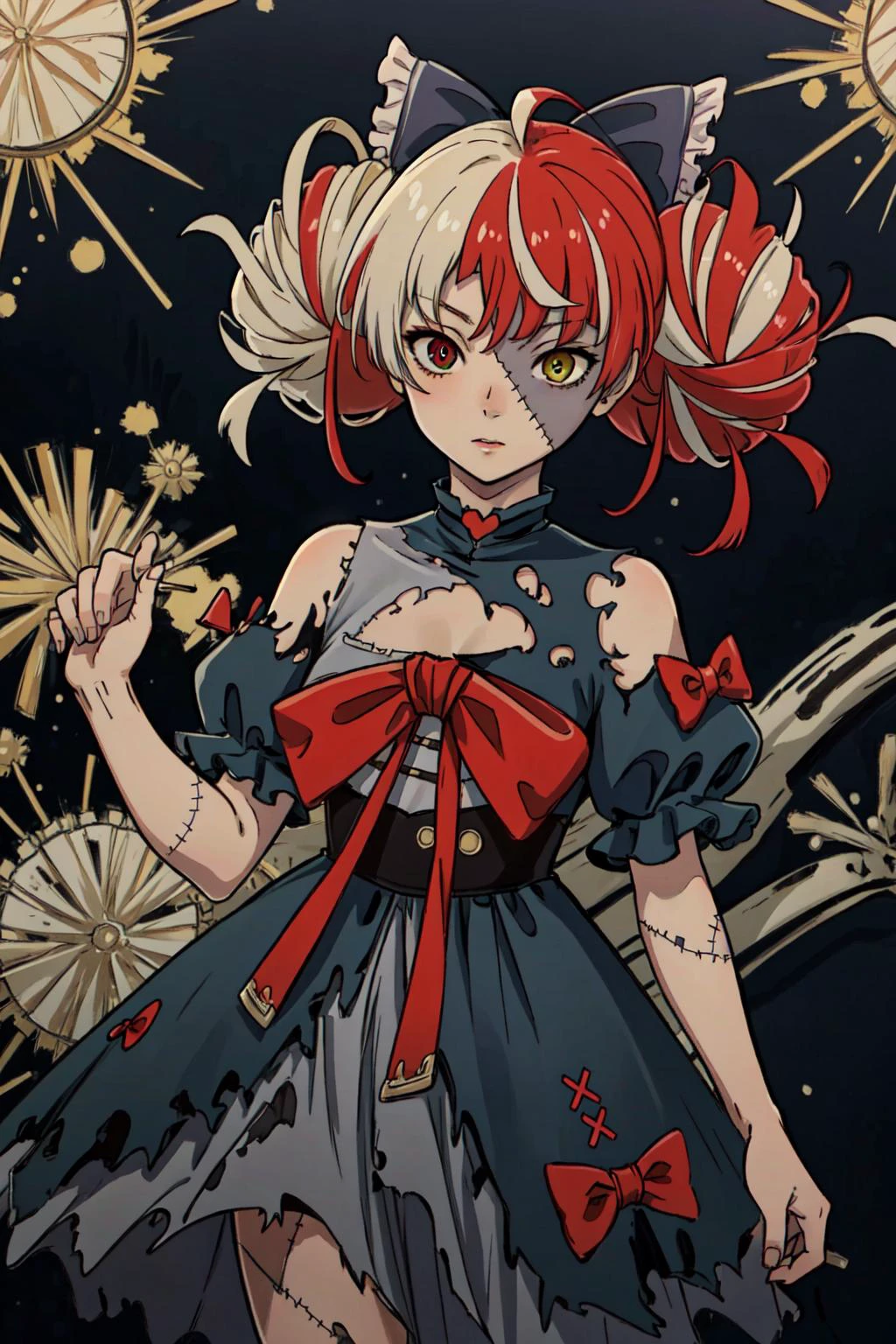(masterpiece, best quality), intricate details, 8k, artstation, wallpaper, official art, splash art, sharp focus,
<lora:kureijiOllieHololive4_v3:0.8> zombie, patchwork skin, heterochromia, red eyes, yellow eyes, kureiji ollie, double bun, torn dress, red bow, hair bow,
<lora:puparia_style_offset:0.8> puparia style,