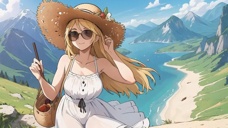masterpiece, absurdres,
well-defined-female-body,
sundress, sunglasses, straw hat,
mountains, path,
focus-on-face, depth of field,
<lora:tachi-e:1>, high-quality-masterpiece, absurdres, highly-detailed,, well-defined-fingers, well-defined-hands,