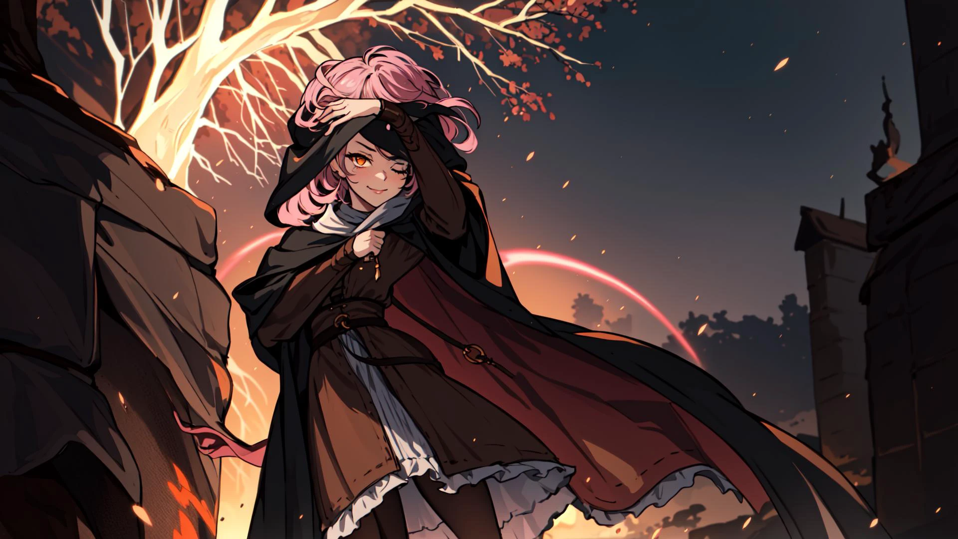 <lora:melina:0.8>, melina \(elden ring\), intricate details, masterpiece, absurdres, best quality, ultra-detailed, illustration, sharp focus, natural lighting, vivid colors, 1girl, cowboy shot, melina, sam yang, ashes, blush, burning, cloak, closed mouth, erdtree \(elden ring\), eyelashes, facial mark, lips, looking looking at viewer, medium hair, motion blur, o-ring, one eye closed, orange eyes, pink hair, portrait, solo, leaning back, pose, arched back,, spread legs, full body, small breasts, standing, brown leggings, determined, face tattoo, confident smirk, light brown hair,