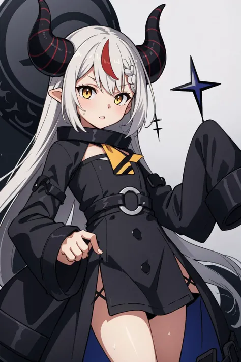 (masterpiece, best quality), intricate details, 8k, artstation, wallpaper, official art, splash art, sharp focus,
1girl, <lora:la+ darknesss:0.8> la+ darkness, black coat, black dress, white sleeves, sleeves past finger, sleeves past wrists, horns,