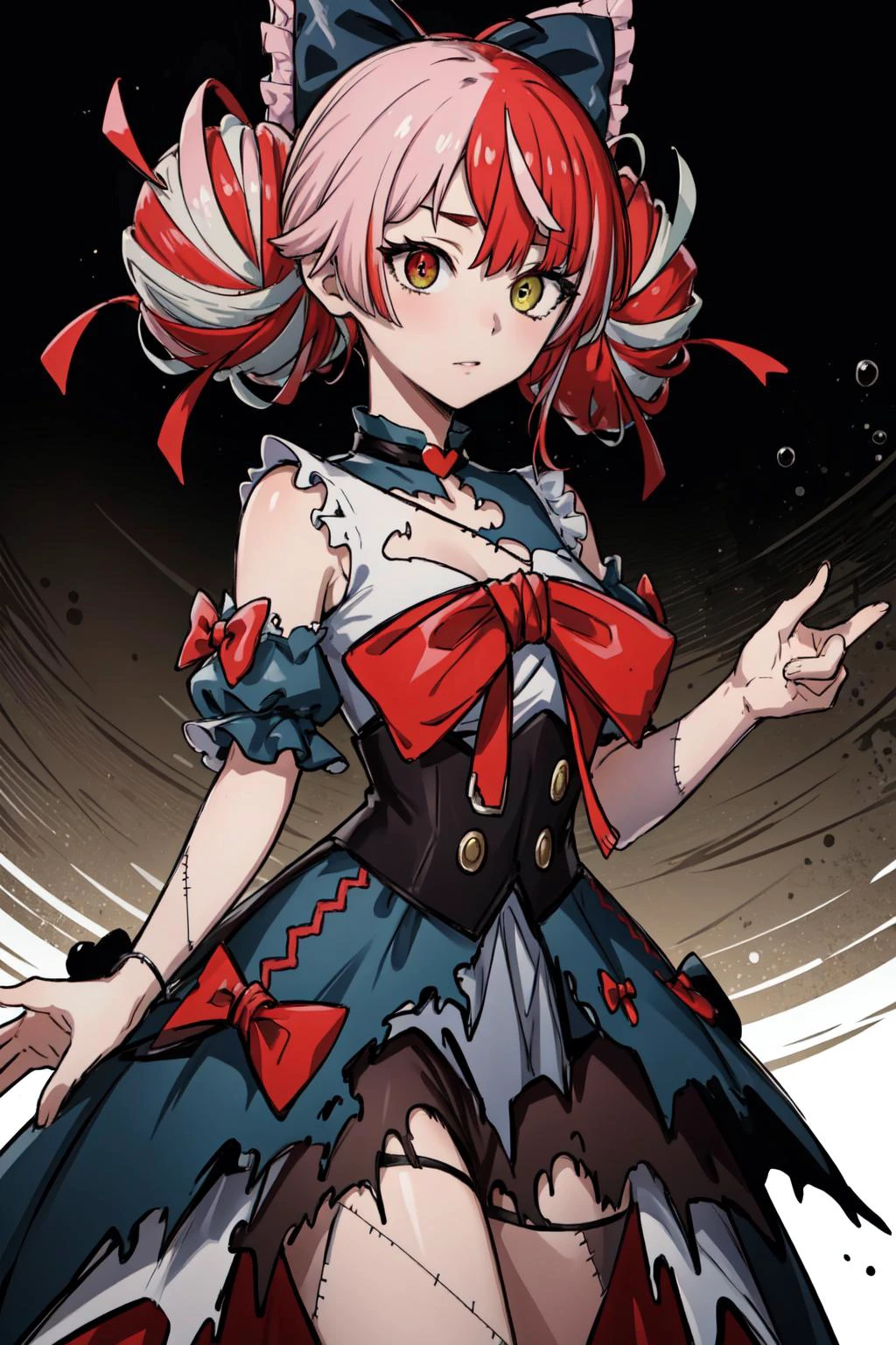 (masterpiece, best quality), intricate details, 8k, artstation, wallpaper, official art, splash art, sharp focus,
<lora:kureijiOllieHololive4_v3:0.8> zombie, patchwork skin, heterochromia, red eyes, yellow eyes, kureiji ollie, double bun, torn dress, red bow, hair bow,
<lora:neonbeatArtstyleLora_v10:0.8> neonbeat, veibae,