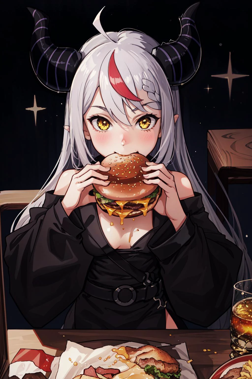 (masterpiece, best quality), intricate details, 8k, artstation, wallpaper, official art, splash art, sharp focus,
1girl, <lora:la+ darknesss:0.8> la+ darkness, black coat, black dress, white sleeves, sleeves past finger, sleeves past wrists, horns,
<lora:hugeTwoHandedBurger_v2:0.8> two-handed burger, hamburger, food, eating,