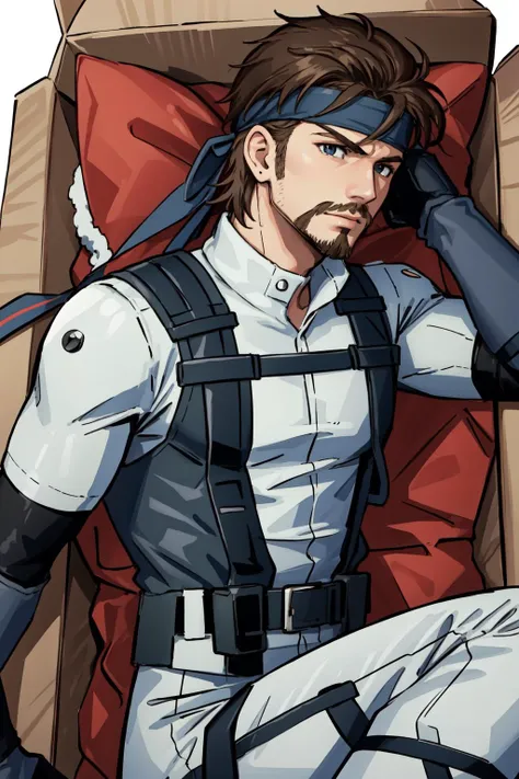 best quality, intricate details,
1boy, <lora:solidsnake-nvwls-v1-final:0.8> solid snake, facial hair, headband,
BREAK <lora:ConceptDeliveryInBox_deliveryv106:1> in_box, on back, red christmas ribbon, uwu,