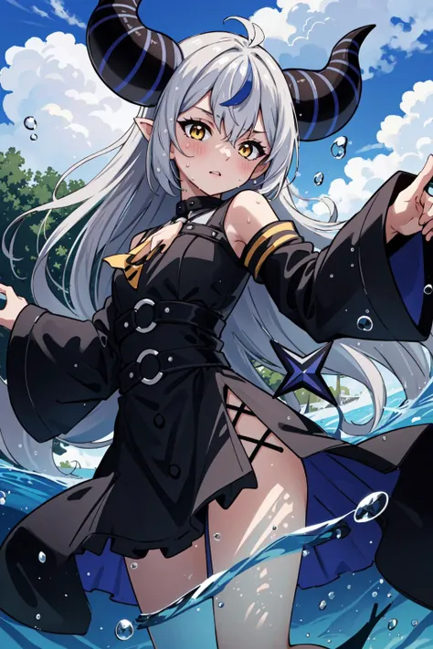 (masterpiece, best quality), intricate details, 8k, artstation, wallpaper, official art, splash art, sharp focus,
1girl, <lora:la+ darknesss:0.8> la+ darkness, black coat, black dress, white sleeves, sleeves past finger, sleeves past wrists, horns,
<lora:submergedWater_1:0.8> complete anatomy, submerged water, partially submerged, bubbles, shiny skin, sweat, cloudy sky, bathing,