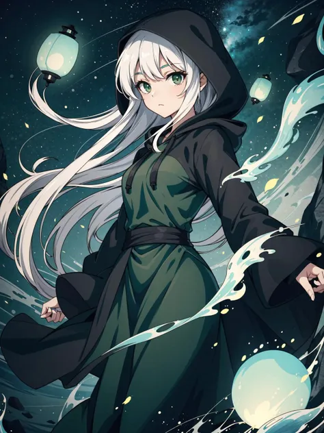 1girl, black hooded robe, (hood up), long white hair, (green theme, floating:1.4), river, lanterns, souls spirits ghosts, midnight, black sky, rocks