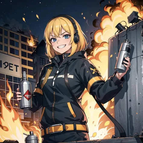 1girl, techwear, evil grin, crazy face, holding gas can jerry can Molotov cocktail, burning building