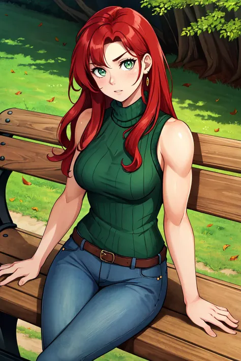 (masterpiece, best quality, absurdres), 1girl, solo, cowboy shot, rsonj, green eyes, curly hair,<lora:RedSonja_V1-Manityro:1.0>, sleeveless, turtleneck sweater, green sweater, blue jeans, muscular, biceps, outdoors, park, sitting on bench