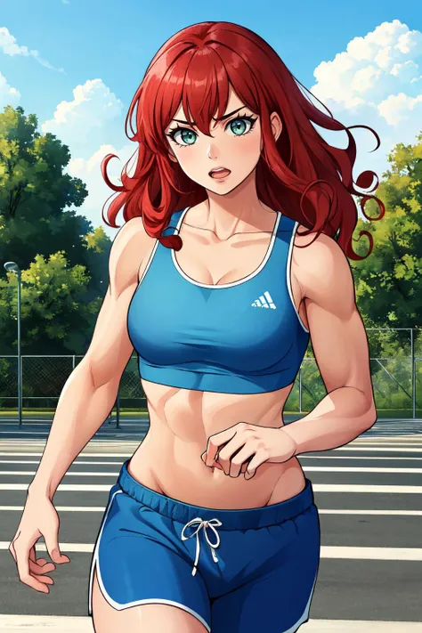 (masterpiece, best quality, absurdres), 1girl, solo, cowboy shot, rsonj, green eyes, curly hair,<lora:RedSonja_V1-Manityro:1.0>, sports bra, blue top, gym shorts, blue shorts, muscular, toned, biceps, outdoors, park, running
