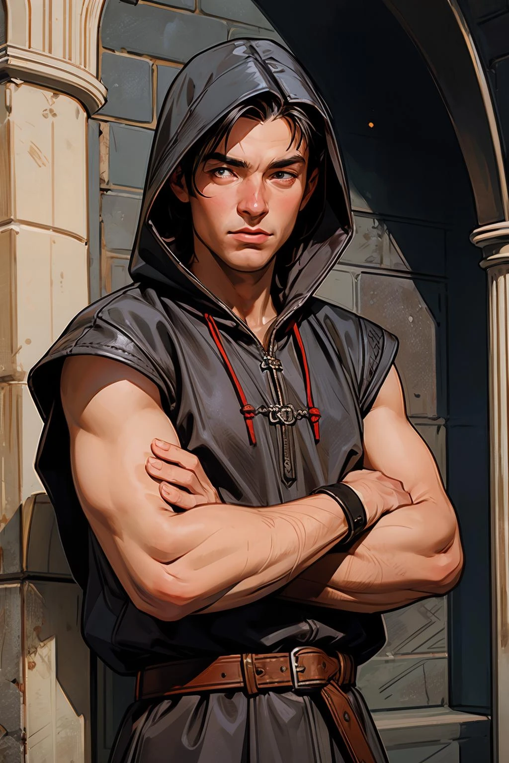 1man rogue dark_leather hood dagger feathers medieval castle candlelight stone_walls bare_arms bracers sneaking
