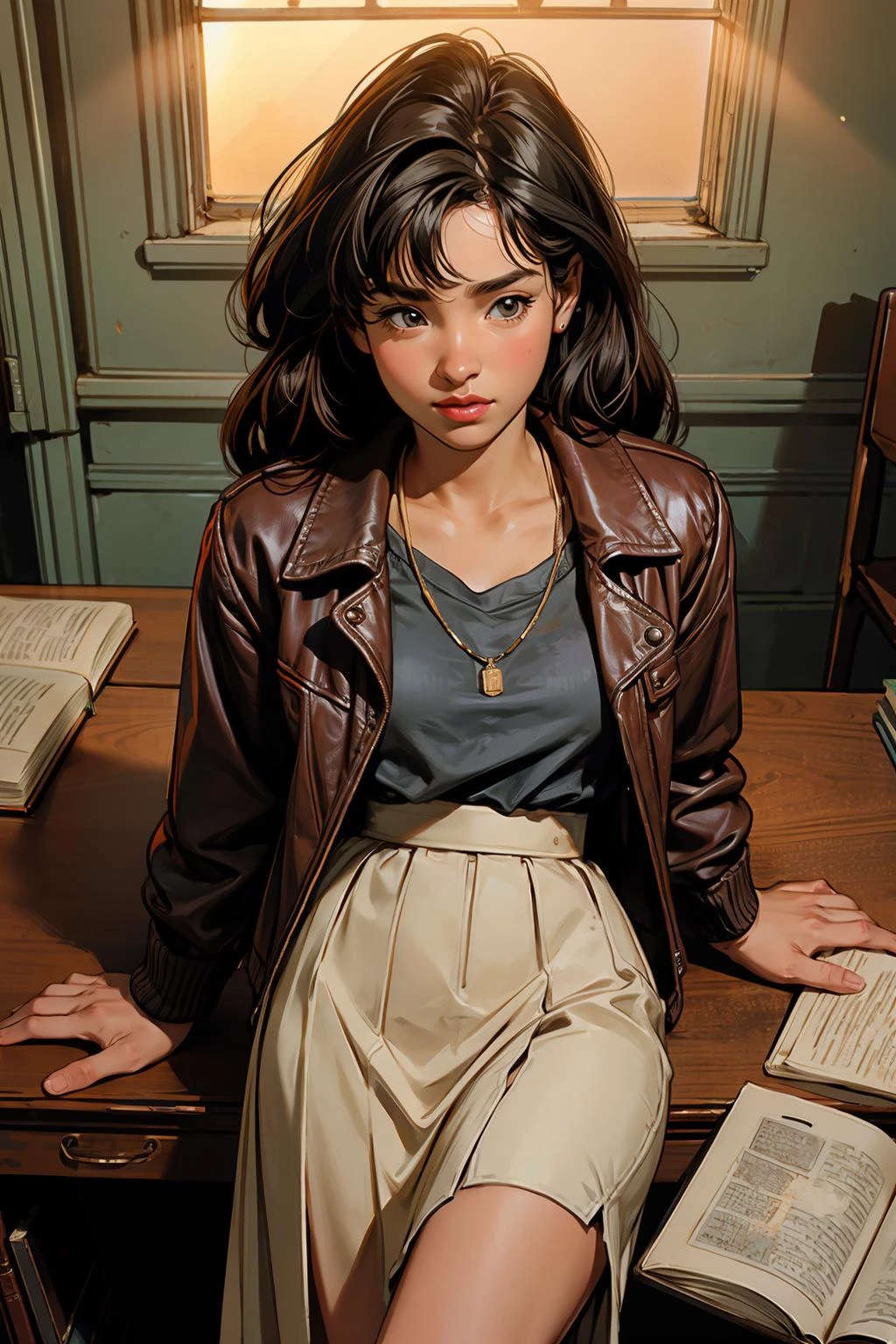 1woman skirt library desk leather_jacket open_clothes book ancient, crepuscular rays from_above