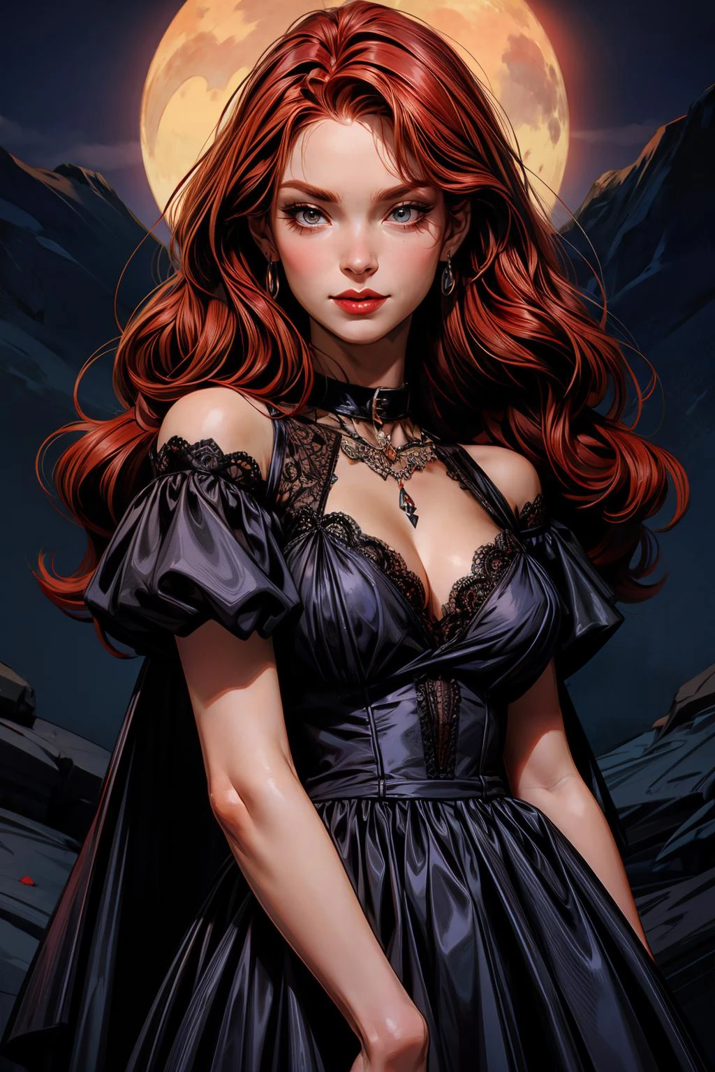 redhead fierce vampire dark looming monsters cave dust black_dress collar smirk lace <lora:add_detail:1>