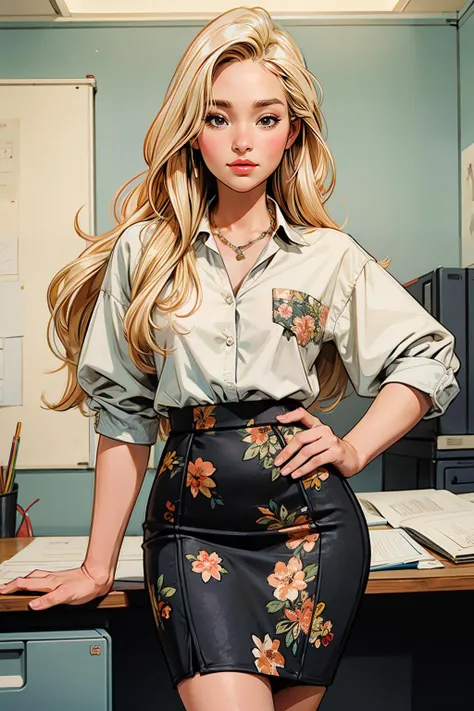 blonde long hair
intern papers pencil skirt office
surprise floral pattern leaning on printer